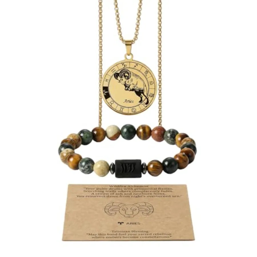 Zodiac Constellation Jewelry Set Stainless Steel Necklace and Stone Bracelet