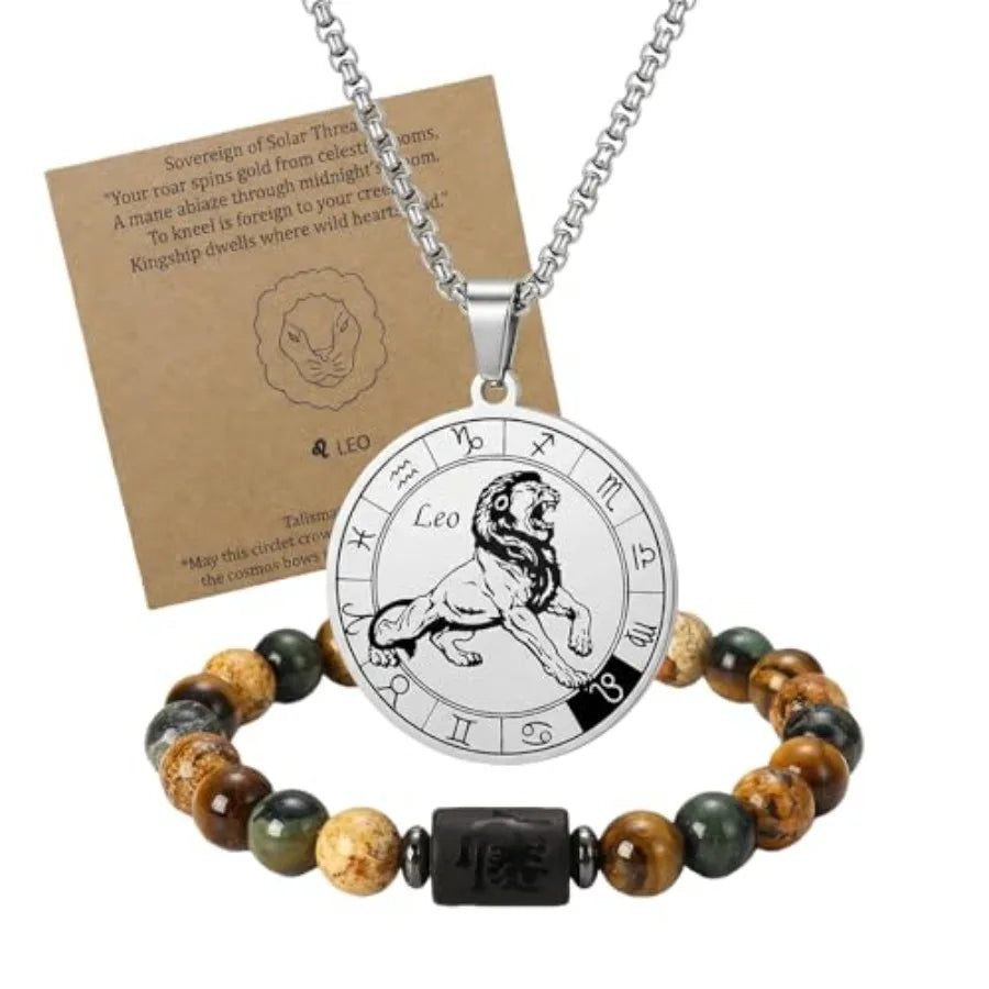 Zodiac Constellation Jewelry Set Stainless Steel Necklace and Stone Bracelet