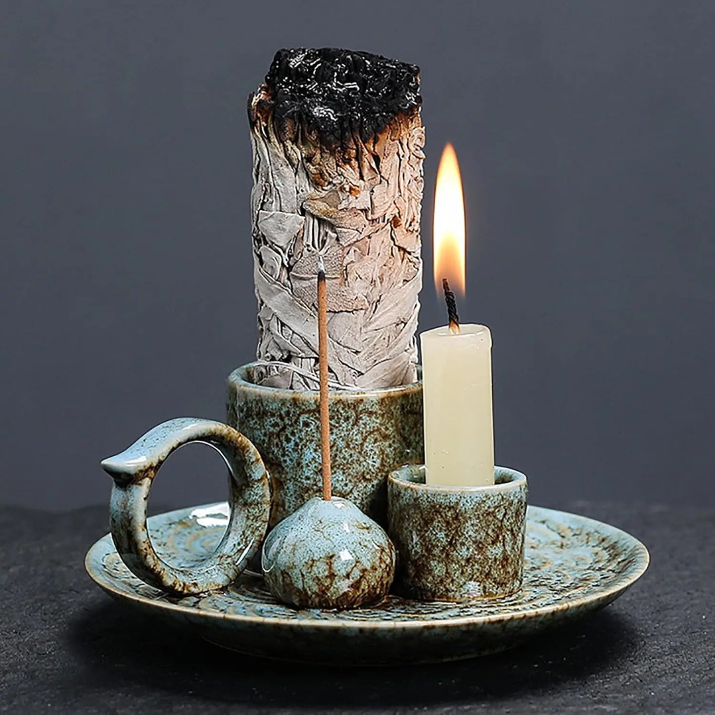 Ceramic 4-In-1 Incense Burner With Handle Sage Palo Santo