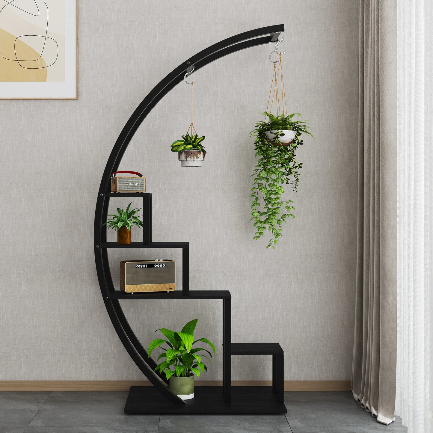 HiMISS 5 Tier Metal Plant Stand Half Moon Indoor Plant Shelf With Hooks