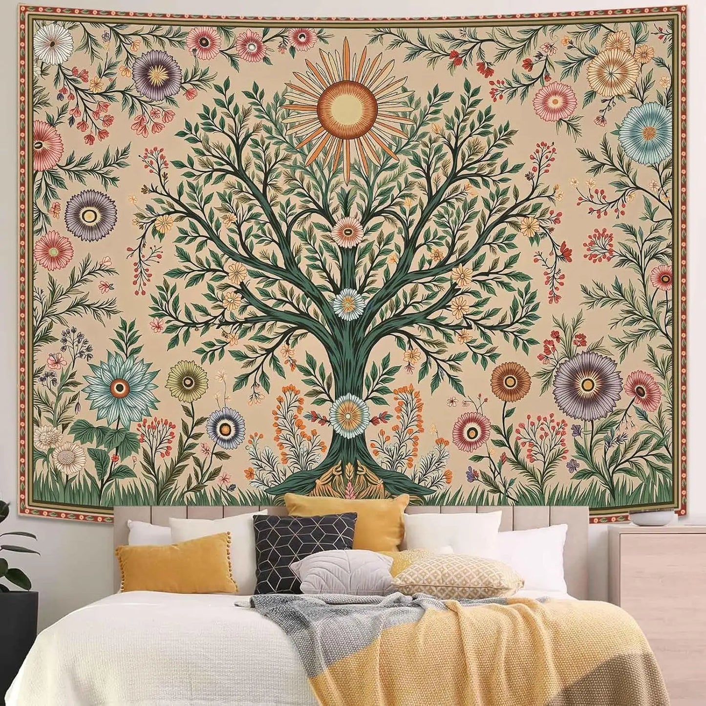 Chakra Tree Wall Tapestry Celestial Sun And Floral Boho Decor