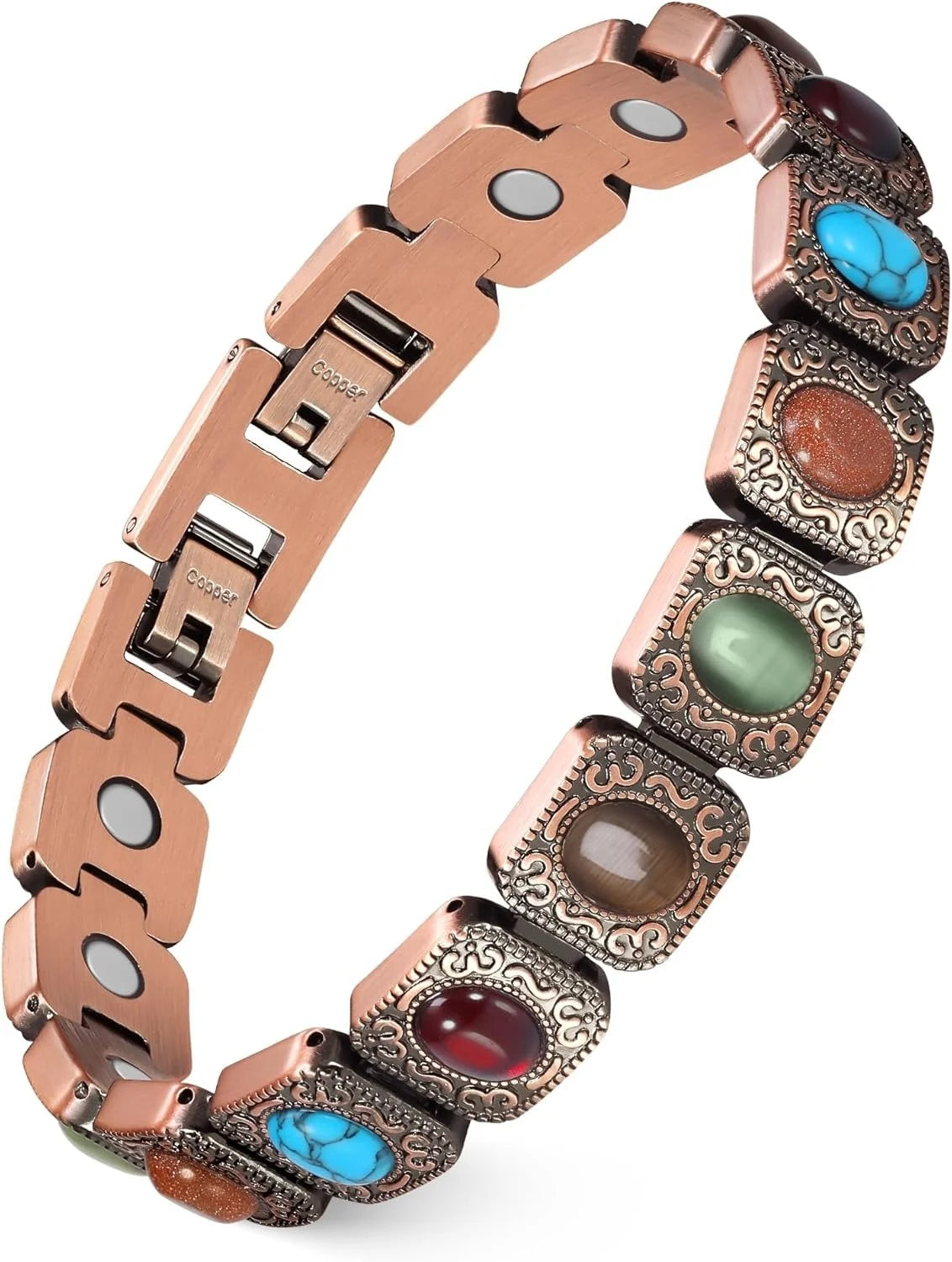 Copper Magnetic Bracelet With Turquoise And Stones Adjustable
