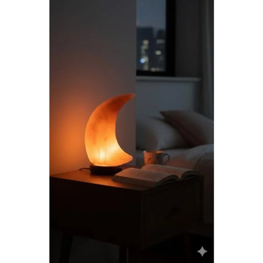 Himalayan Pink Salt Lamp Moon Shape Hand Carved Wood Base