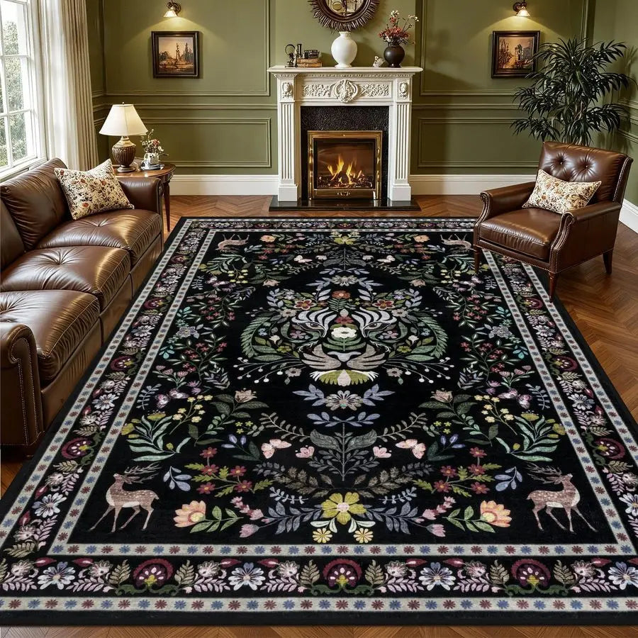 Boho Floral Living Room Rug, Washable, Stain Resistant, Non Slip