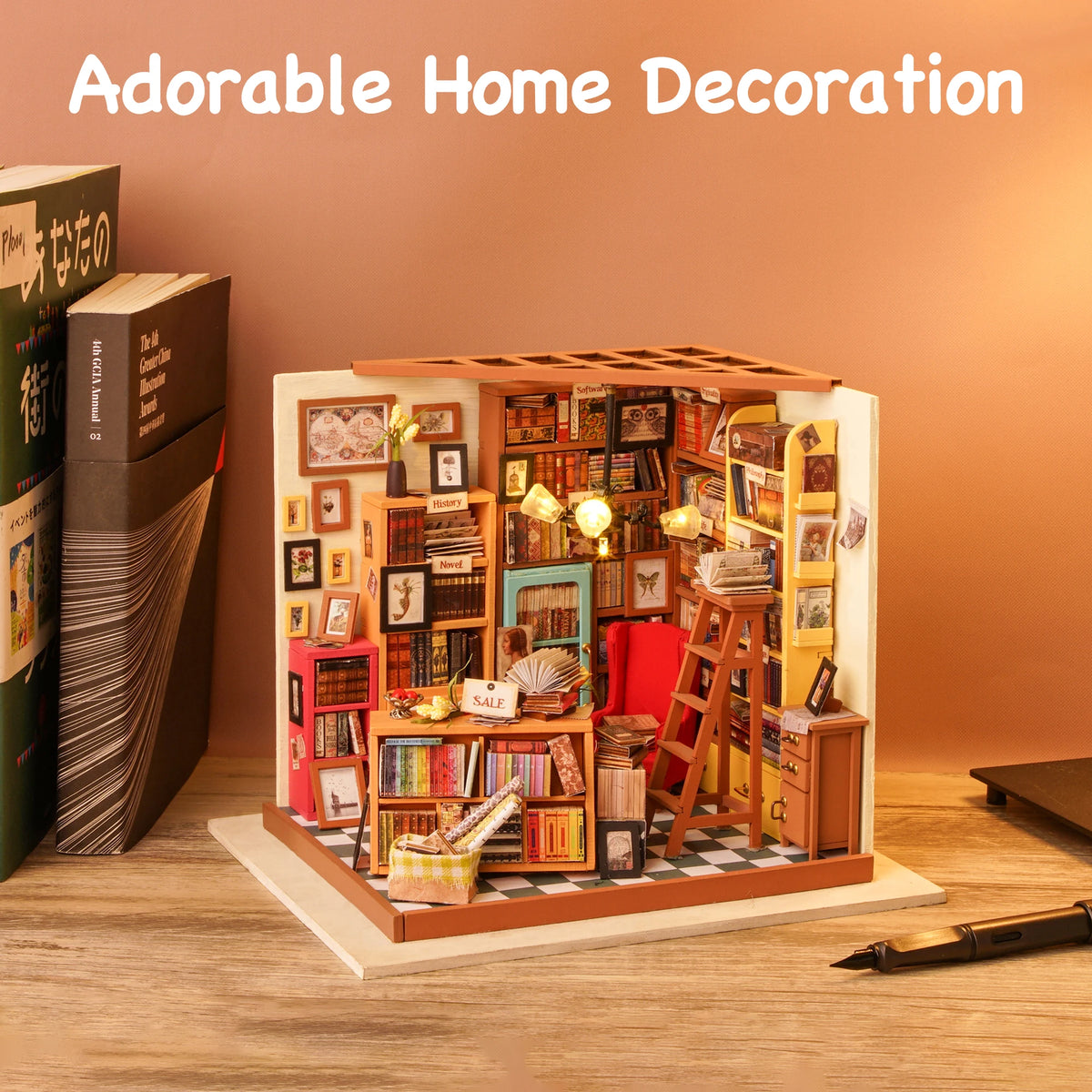 Rolife 3D Wooden Miniature Library Dollhouse Kit With LED Light