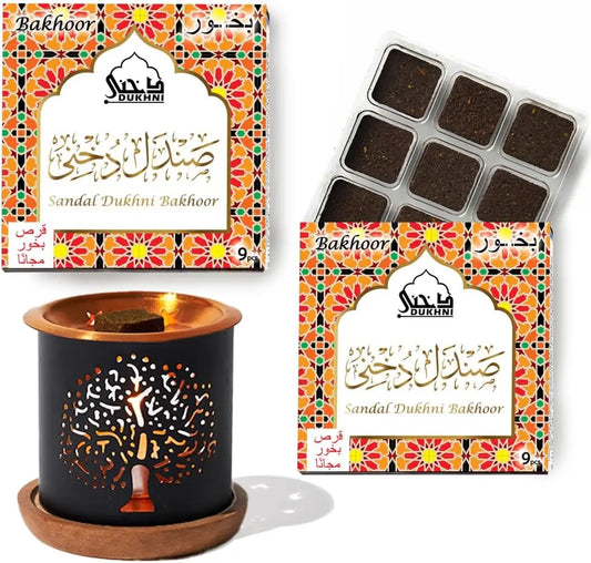 Sandal Bakhoor Set with Burner | 2 Boxes of 9 Pieces Each | Arabic Incense, Woody Scent for Relaxation & Home Aromatherapy