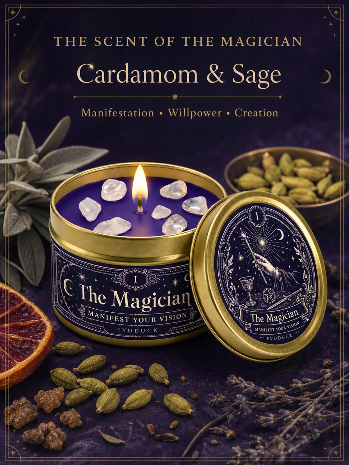 Evoduck Tarot Meditation Candle With Cardamom Sage And Clear Crystals