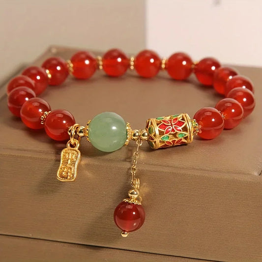 Retro Synthetic Agate Lucky Bracelet, Unisex Red Bead Jewelry, Stylish Gift for Family & Friends