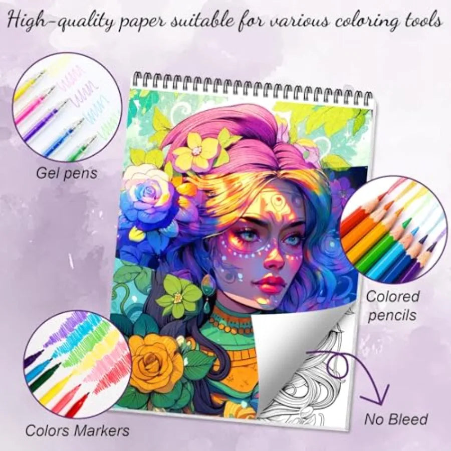 Sugar Skull Adult Coloring Book For Women Relaxation Spiral Bound