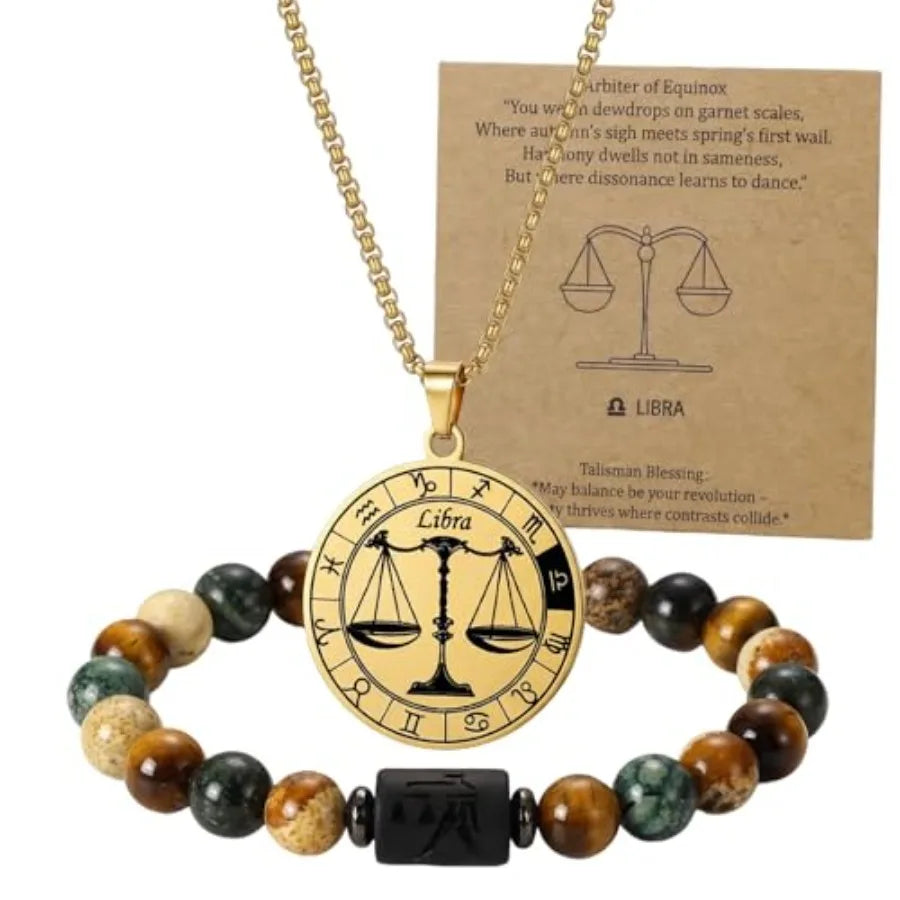 Zodiac Constellation Jewelry Set Stainless Steel Necklace and Stone Bracelet