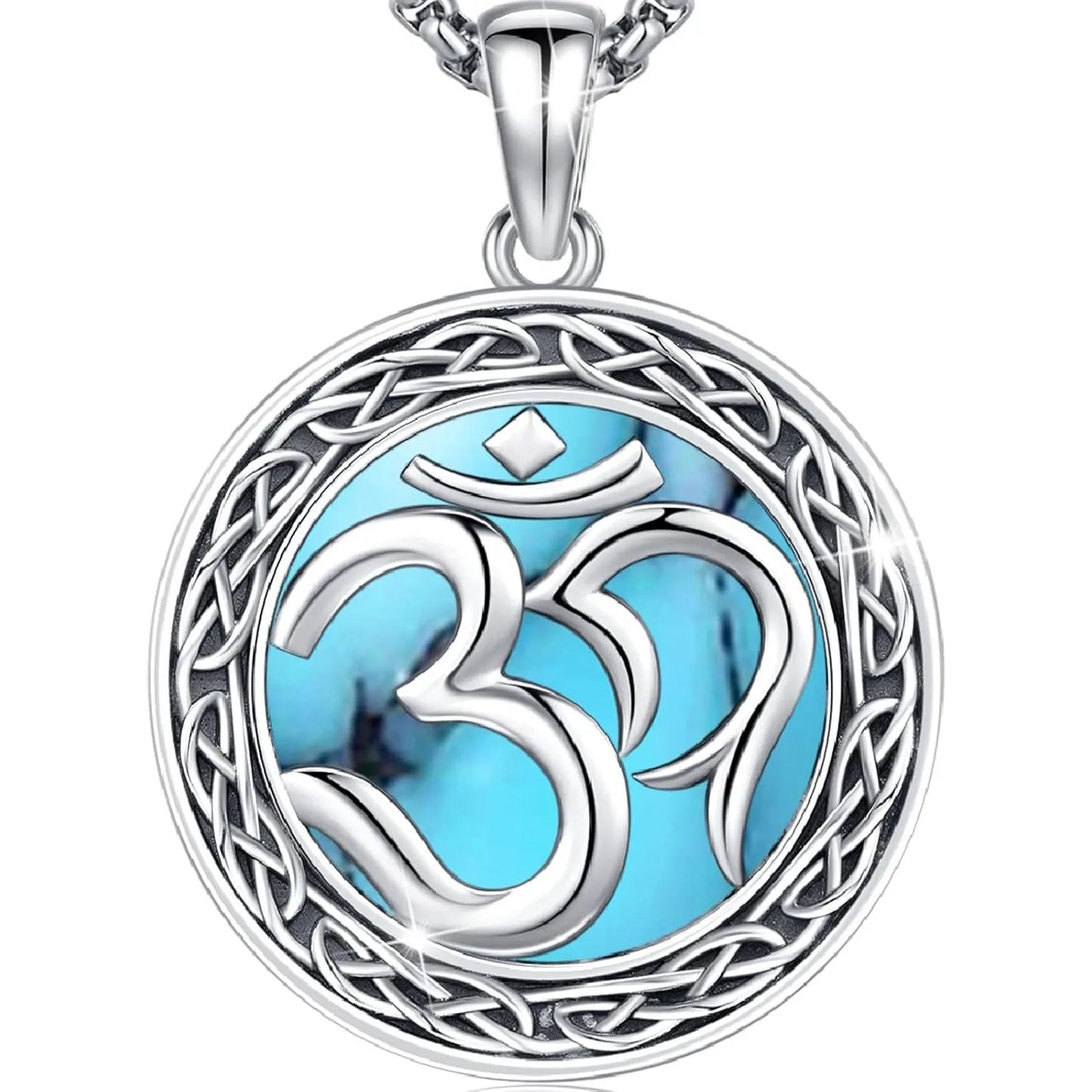 DRINSPER Om Pendant Necklace 925 Sterling Silver Turquoise Amulet Pentagram