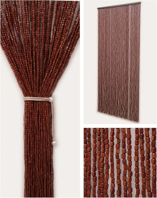 90 Strands Handmade Beaded Curtain For Doorways Room Divider With Wood Beads