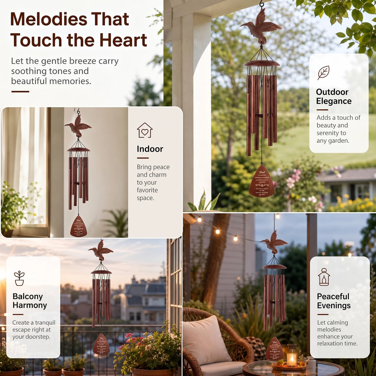 Hummingbird Memorial Wind Chime Weather Resistant Outdoor Garden Decor