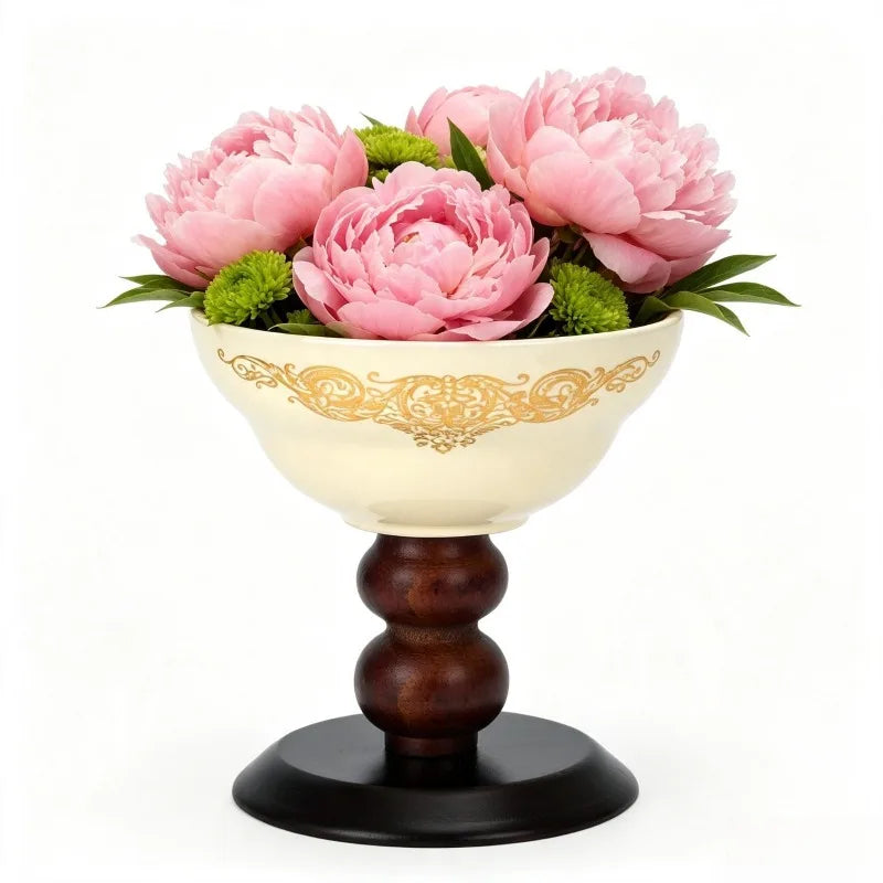 Decorative Ceramic Tea Light Candle Holder With Wooden Pedestal Base