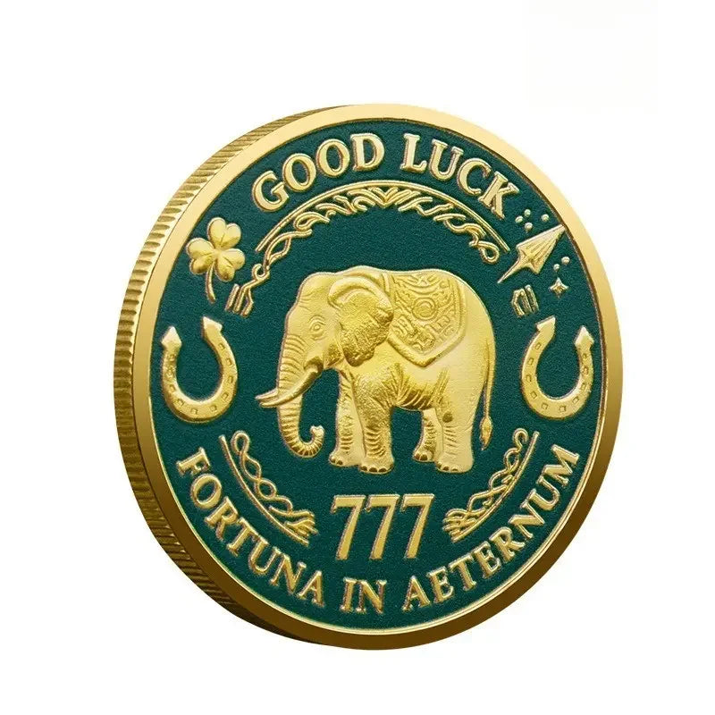Collectible Alloy 777 Elephant Lucky Coin With Clover Design