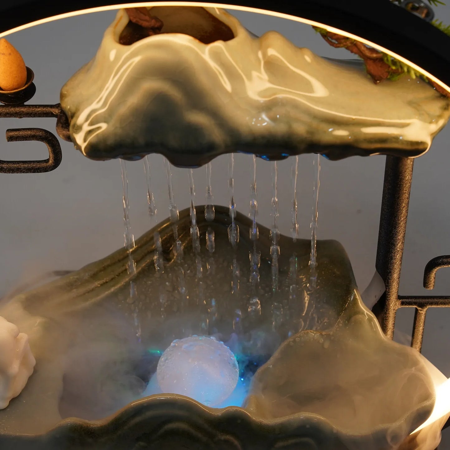 Ceramic Tabletop Fountain With Mist, LED Lighting, Deer Figurine And Pine Branches