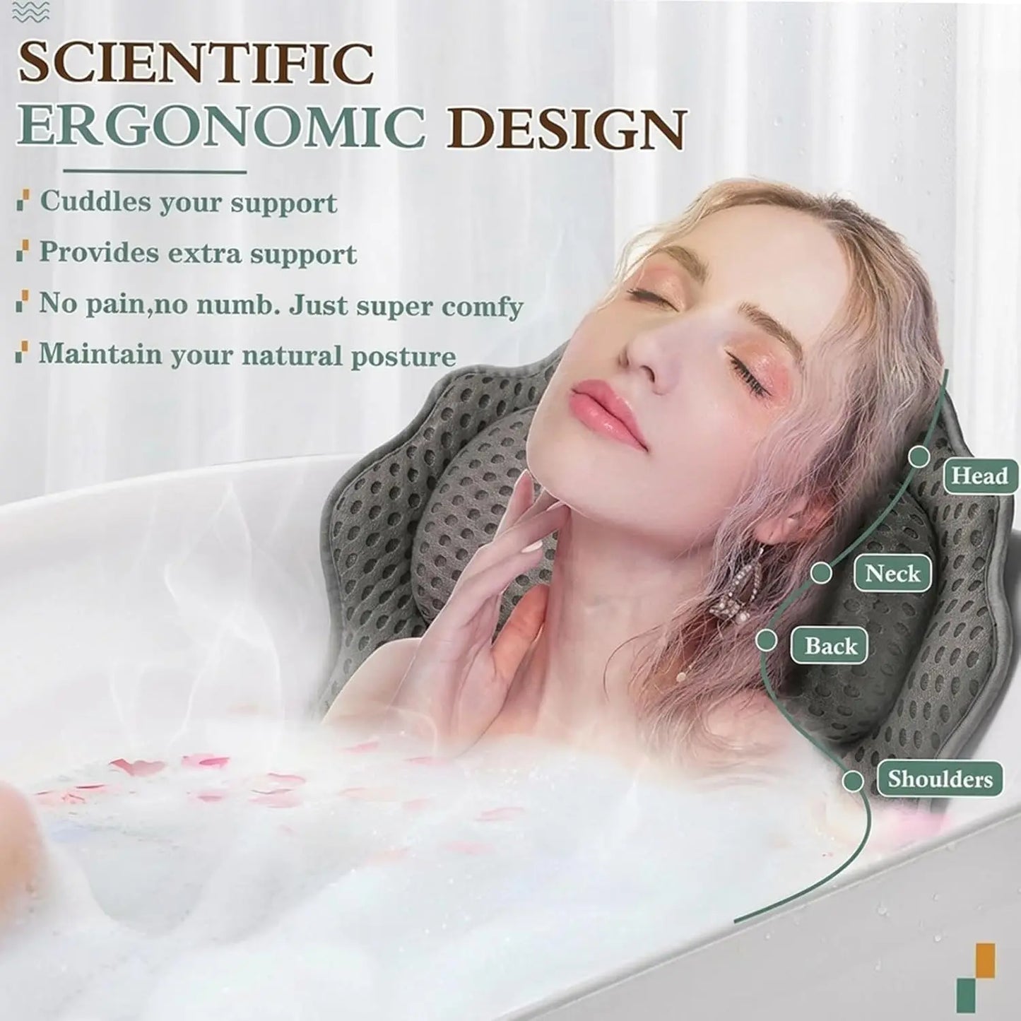 Ergonomic Bath Pillow With 6 Suction Cups For All Bathtubs
