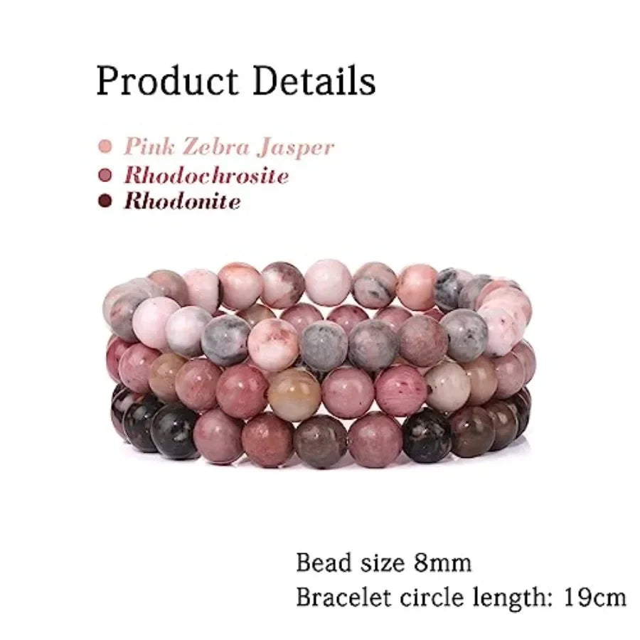 Healing Crystal Bracelets Set Pink Zebra Jasper, Rhodochrosite, and Rhodonite Stone Beaded Unisex Stretch