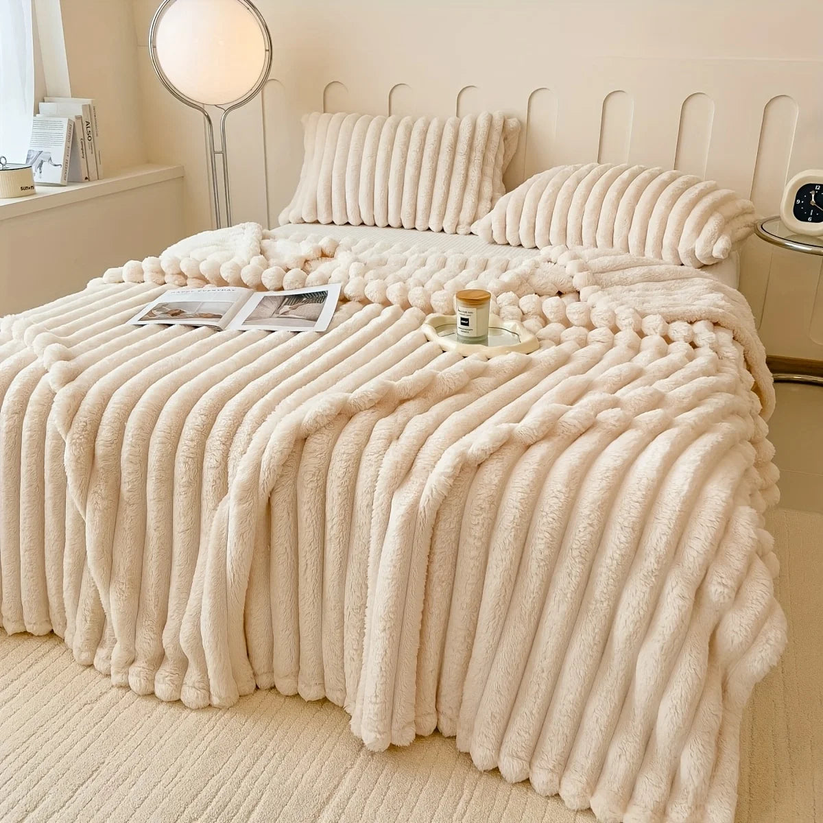 300GSM Fleece Blanket Soft Warm Throw Polyester Microfiber 3D Stripe All Seasons