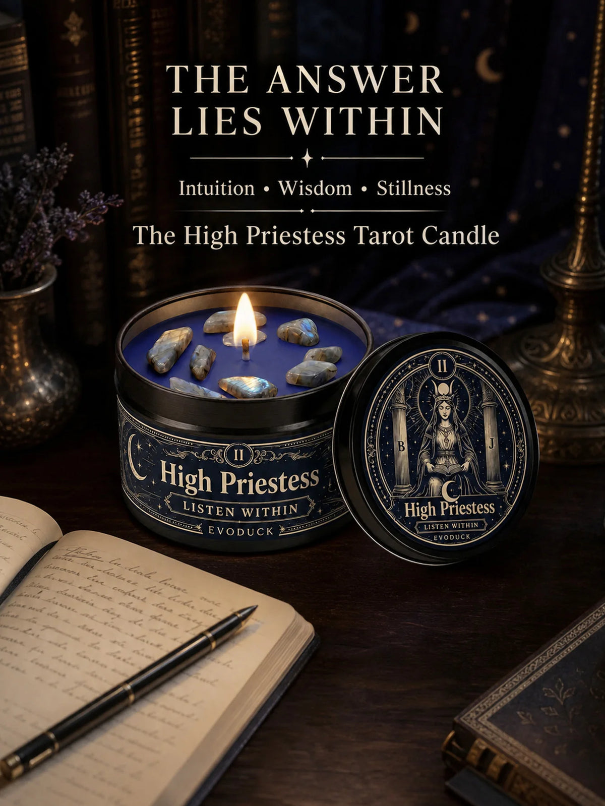 Evoduck High Priestess Tarot Scented Ritual Candle With Crystal Stones