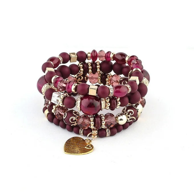 Women Boho Strand Bracelets Crystal Heart Letter Elastic Bangle Jewelry