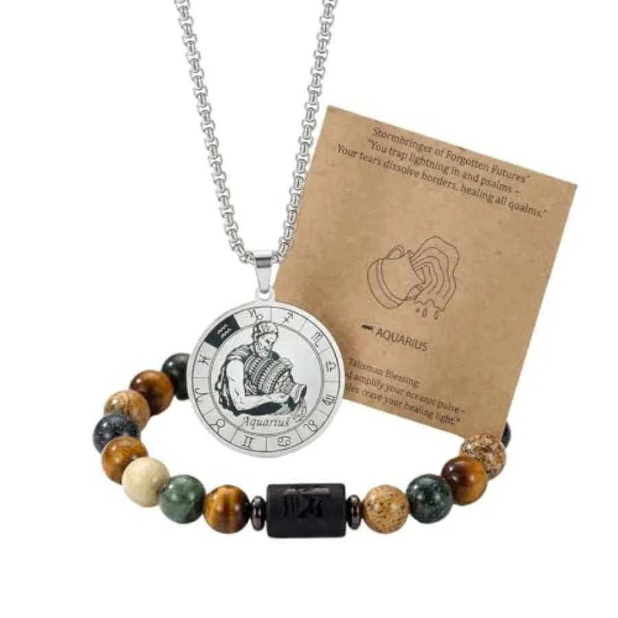 Zodiac Constellation Jewelry Set Stainless Steel Necklace and Stone Bracelet