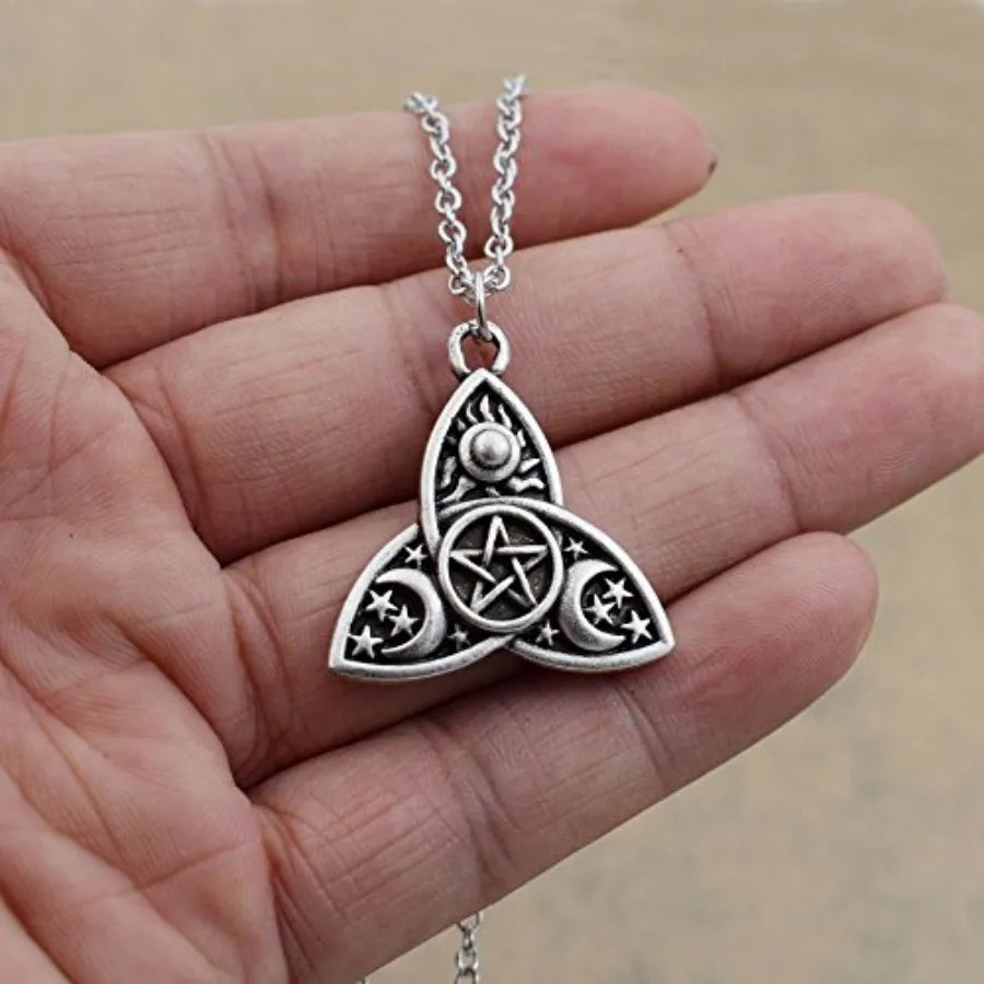 Triple Moon Goddess Triquetra Pentacle Necklace Stainless Steel