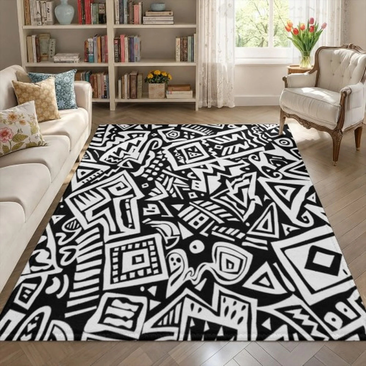 Boho Non-Woven Polyester Area Rug with Dark Gothic Floral Design