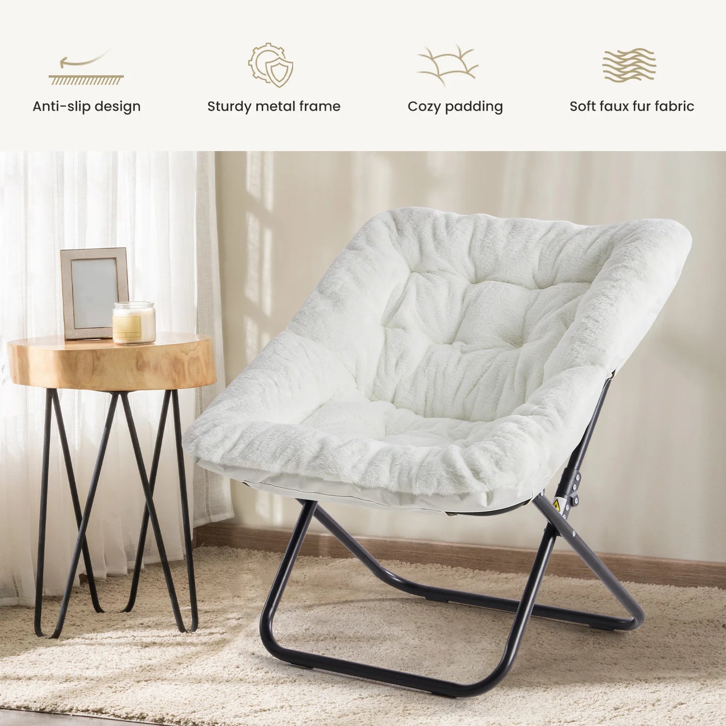 JHK Cozy Faux Fur Saucer Chairs With Padded Seat Metal Frame