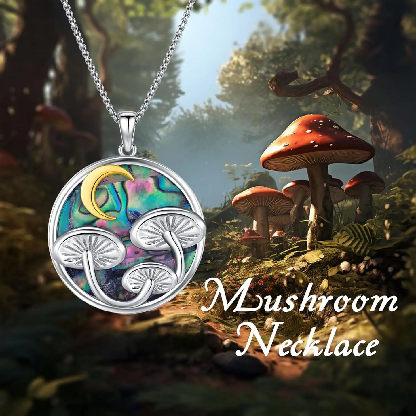 DRINSPER Mushroom Necklace 925 Sterling Silver Abalone Moon Pendant
