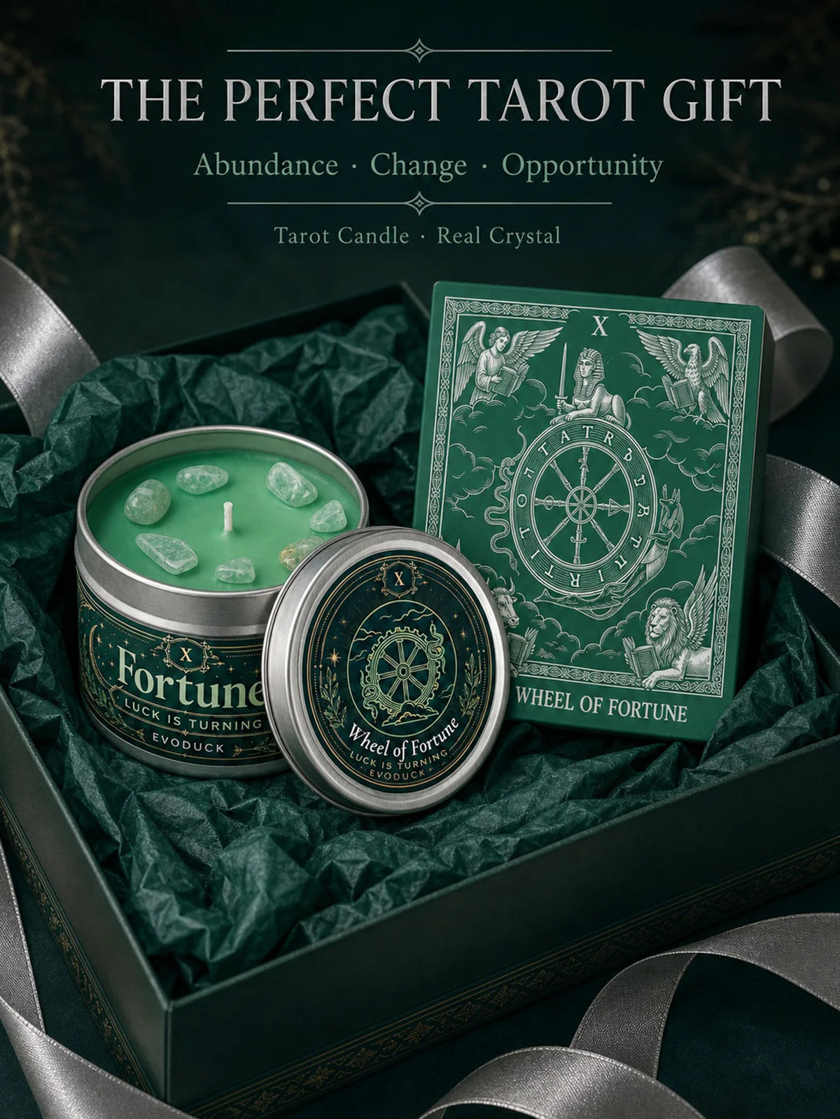 Evoduck Wheel of Fortune Tarot Candle with Crystals Spiritual Abundance