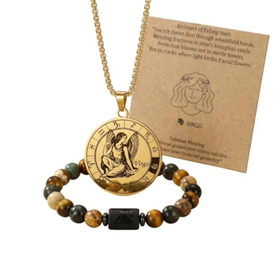 Zodiac Constellation Jewelry Set Stainless Steel Necklace and Stone Bracelet